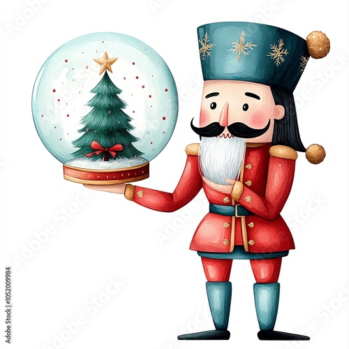 A colorful nutcracker holding a snow globe with a Christmas tree inside, perfect for festive decorations and holiday themes. photo