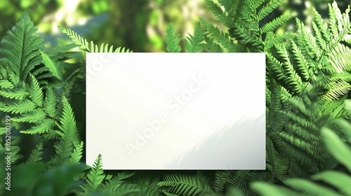 Minimalist blank card with greenery background for eco-friendly invitations designs. displayed against a lush. nature themes, product mockup. plant leaves, organic foliage, sustainable environment.