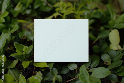 Minimalist blank card with greenery background for eco-friendly invitations designs. displayed against a lush. nature themes, product mockup. plant leaves, organic foliage, sustainable environment.