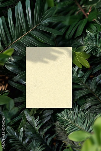 Minimalist blank card with greenery background for eco-friendly invitations designs. displayed against a lush. nature themes, product mockup. plant leaves, organic foliage, sustainable environment.