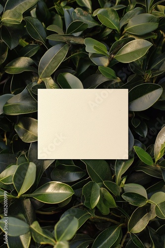 Minimalist blank card with greenery background for eco-friendly invitations designs. displayed against a lush. nature themes, product mockup. plant leaves, organic foliage, sustainable environment.