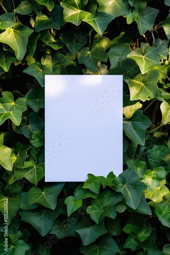 Minimalist blank card with greenery background for eco-friendly invitations designs. displayed against a lush. nature themes, product mockup. plant leaves, organic foliage, sustainable environment.
