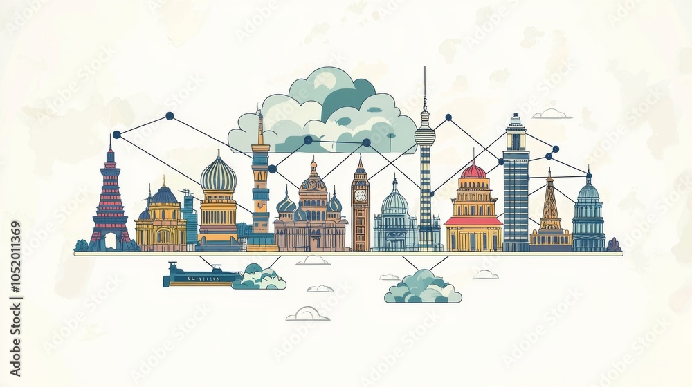 Naklejka premium Abstract representation of cloud computing linking different global cities, each with distinct landmarks