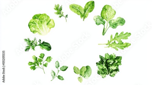 Vibrant arrangement of fresh green herbs and leafy vegetables creates a stunning circular pattern, perfect for culinary uses.