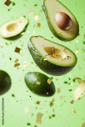 World Vegan Day flying avocados with golden and green flying confetti, lime green solid color background