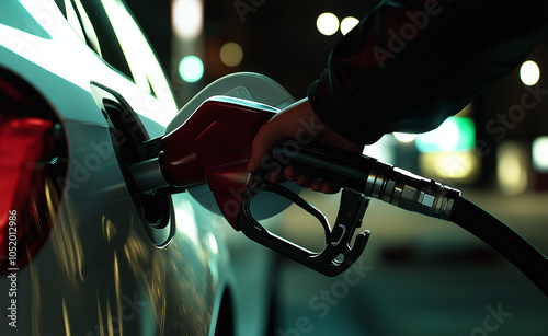 Refueling Car with Gas Pump at Station: A close-up of a person refueling a car with a gas pump, emphasizing the action of filling up the vehicle.