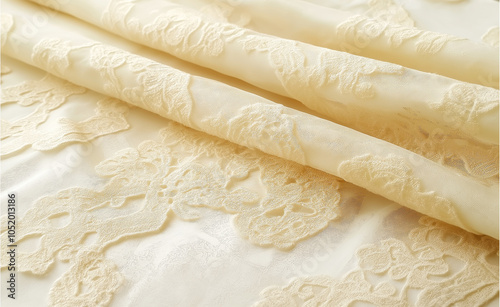 Elegant White Damask Fabric with Floral Pattern: A close-up of luxurious white damask fabric with a delicate floral pattern, showcasing elegance and texture. photo