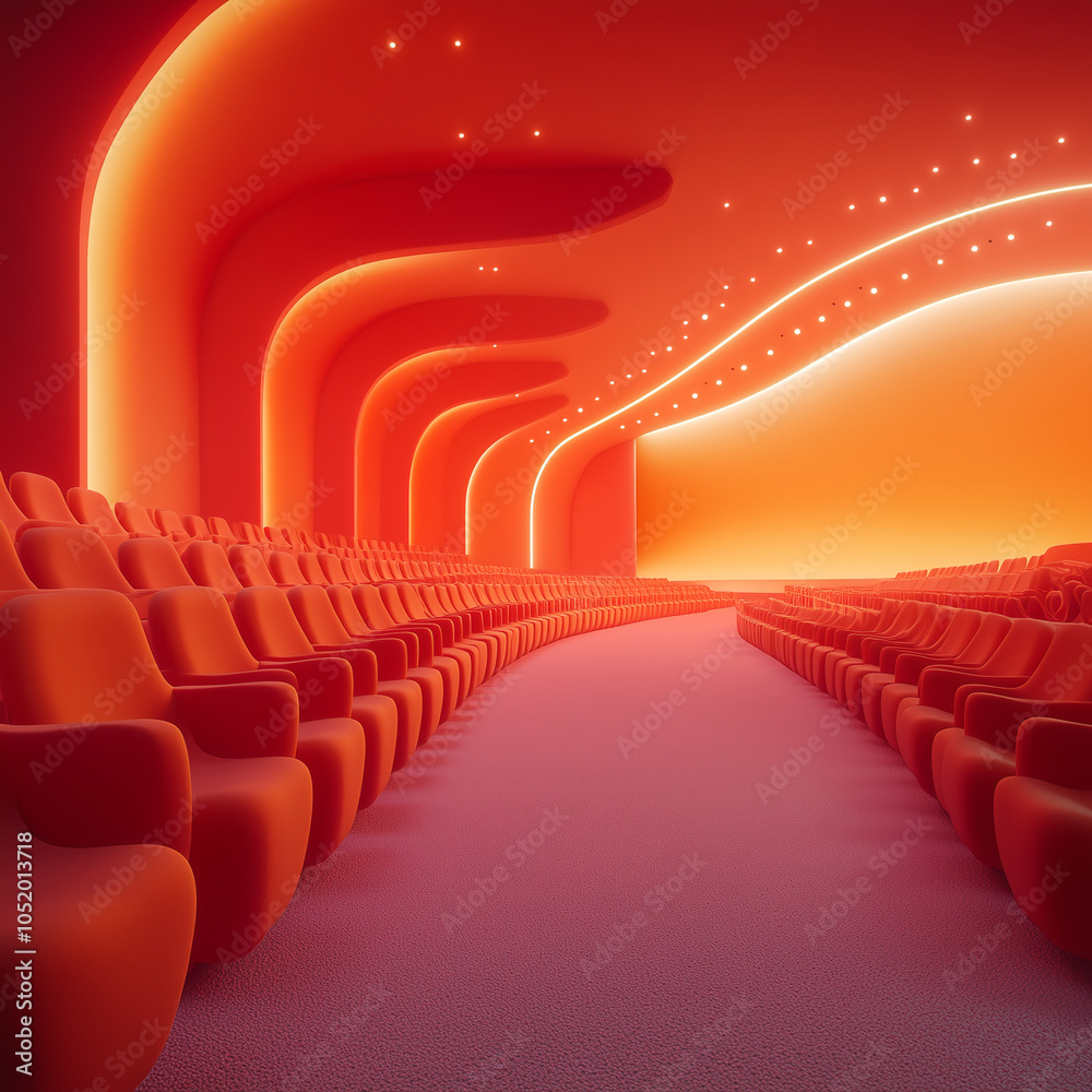 Obraz premium A red and orange movie theater with rows of orange chairs. The theater is empty and the seats are empty