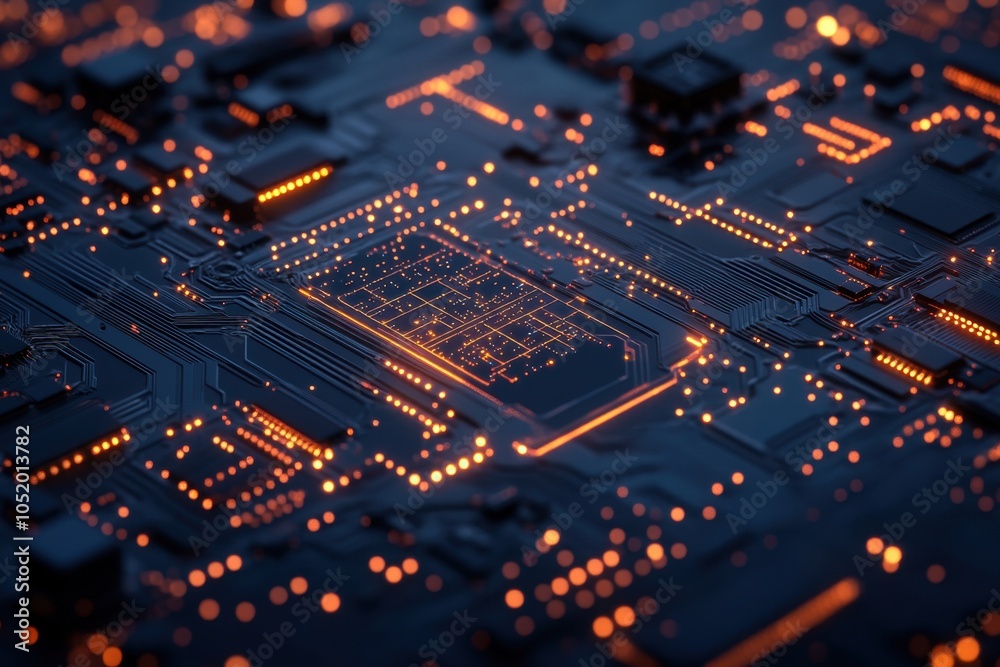 An intricate close-up shot of a circuit board with glowing traces, highlighting the complexity of modern electronic components and the flow of data through the circuitry An intricate close-up shot of a circuit board with glowing traces, highlighting the complexity of modern electronic components and the flow of data through the circuitry