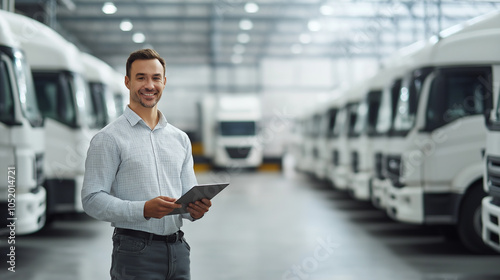 Fleet Management with Tablet and Trucks in Warehouse: A person holding a tablet in front of a row of parked delivery trucks in a warehouse, representing logistics and fleet management. photo