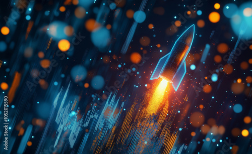 Financial Rocket Launch with Data Visualization:
A rocket launching amidst digital financial data and charts, symbolizing growth, investment, and market success. photo