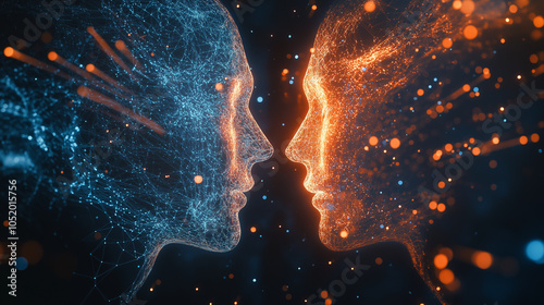 Abstract Digital Faces in Orange and Blue:
Two digital, wireframe faces in glowing orange and blue hues facing each other in a futuristic, abstract composition. photo