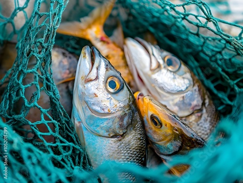 Freshly Caught Fish in Fishing Net Close-Up photo