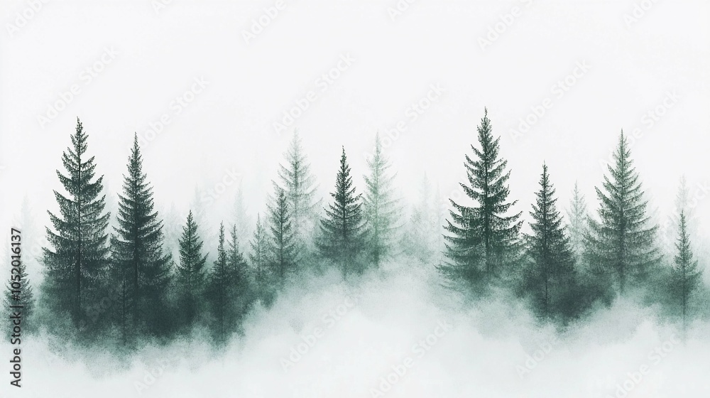 Fototapeta premium Misty Forest Landscape with Pine Trees