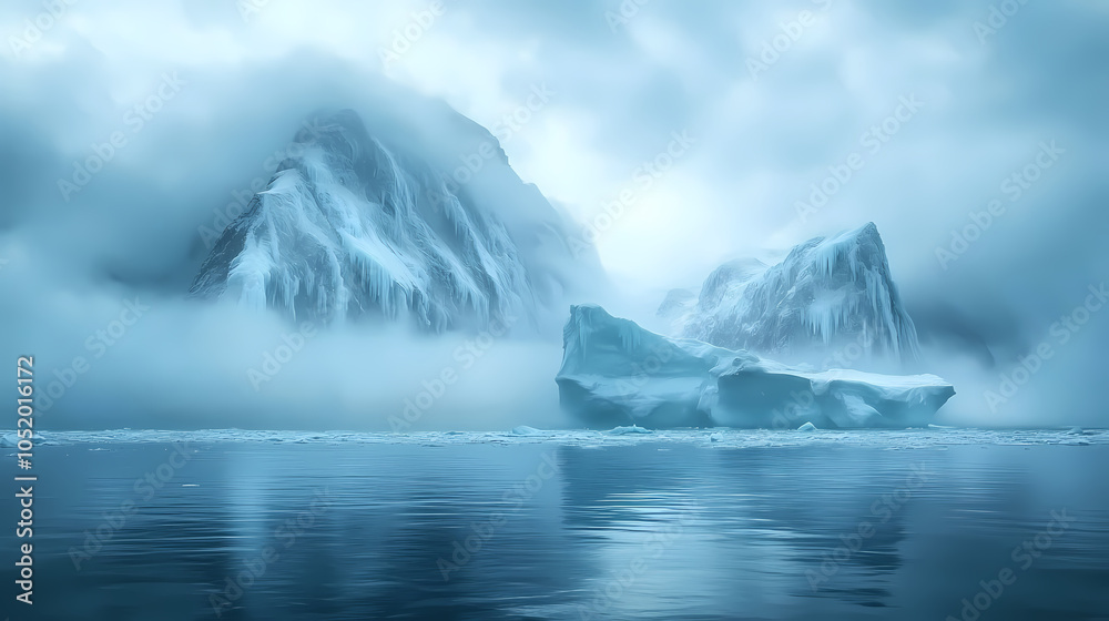 Misty dawn shrouds a frozen fjord, where a colossal iceberg floats effortlessly, giants of ice hang from crystalline waters, worn glaciers whisper secrets. Frozen Fjord. Illustration Misty dawn shrouds a frozen fjord, where a colossal iceberg floats effortlessly, giants of ice hang from crystalline waters, worn glaciers whisper secrets. Frozen Fjord. Illustration