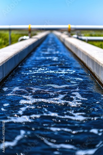 A serene view of a clear water channel flowing through a lush landscape under a bright blue sky. Ideal for nature and environmental themes. photo