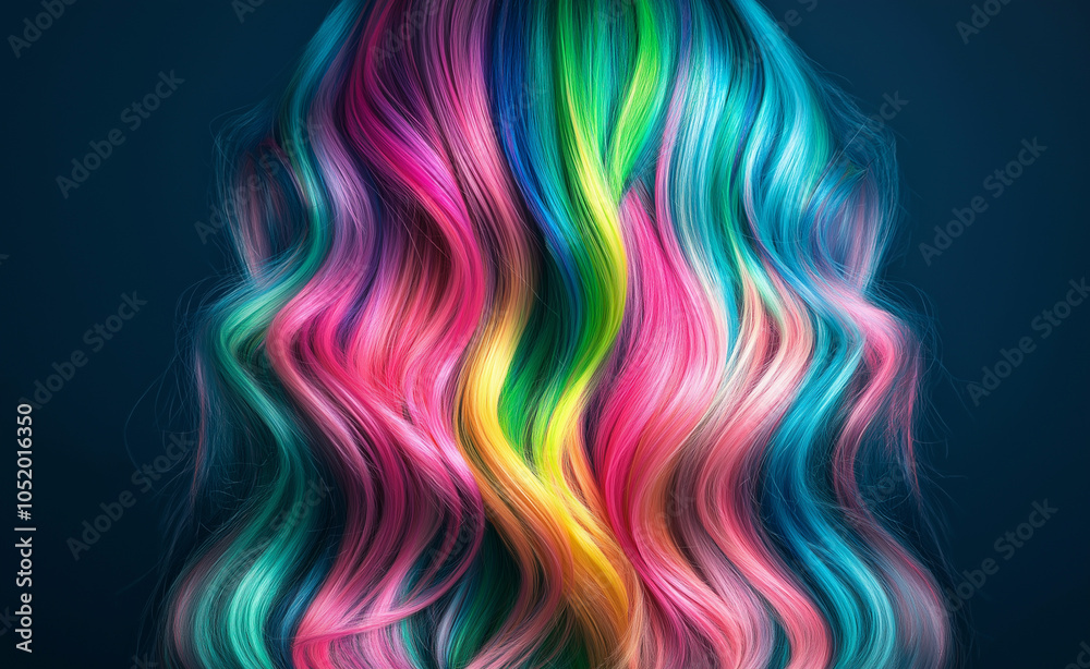 Fototapeta premium Woman with Vibrant Rainbow-Colored Hair: Back view of a woman with long, wavy hair dyed in a vibrant rainbow gradient, set against a blue background.