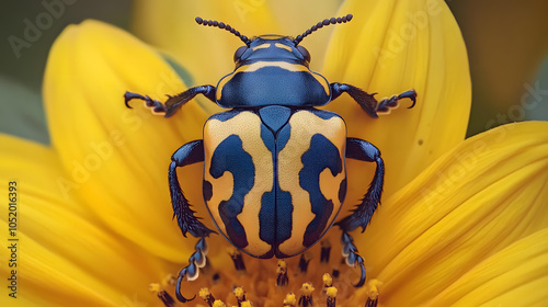 A Captivating Moment of a Harlequin Flower Beetle on a Bright Yellow Sunflower Amidst a Serene Summer Landscape photo