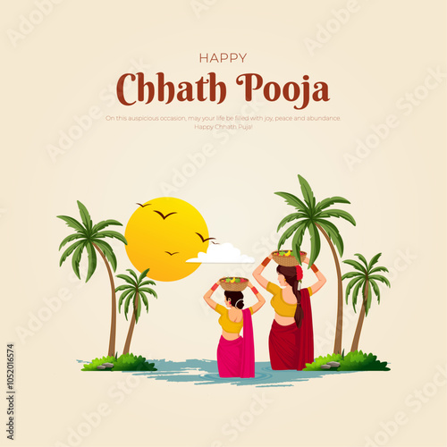 Happy Chhath Pooja Post and Greeting Card. Minimal and Modern indian Festival Poster and Flyer Template with Text. Vector Illustration