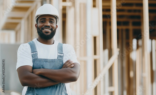 Smiling Construction Worker at Building Site: A confident construction worker in a hard hat stands smiling at a building site, symbolizing hard work and dedication. photo