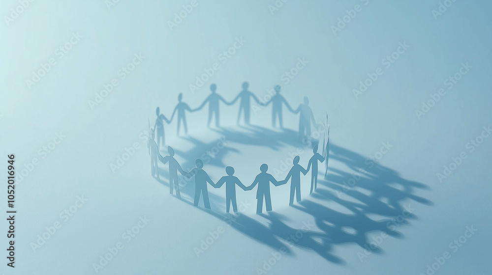 Fototapeta premium Paper Cutouts Holding Hands in Circle: Paper figures in a circle, holding hands, symbolizing unity, teamwork, and community support.