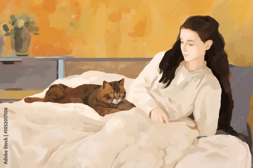 Fototapeta premium Girl and cat sitting in brown bed painting blanket mammal.