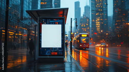 Large white cutout sign on a billboard by an empty bus stop, with a blurred backdrop of glass skyscrapers and street reflections photo