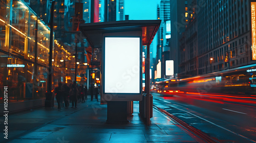 Large white cutout sign on a billboard by an empty bus stop, with a blurred backdrop of glass skyscrapers and street reflections photo