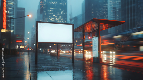 Large white cutout sign on a billboard by an empty bus stop, with a blurred backdrop of glass skyscrapers and street reflections photo