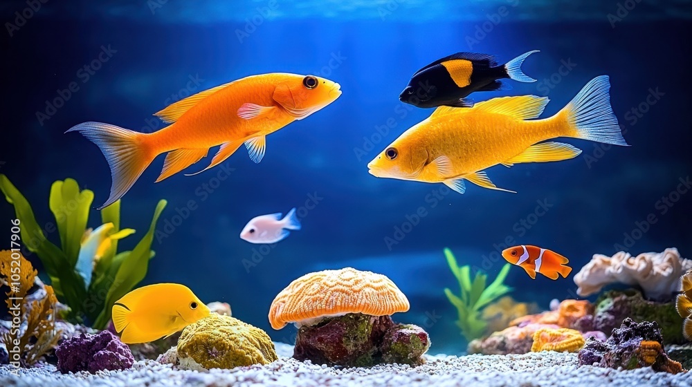 Naklejka premium Vibrant Tropical Fish Aquarium with Coral Reef and Plants