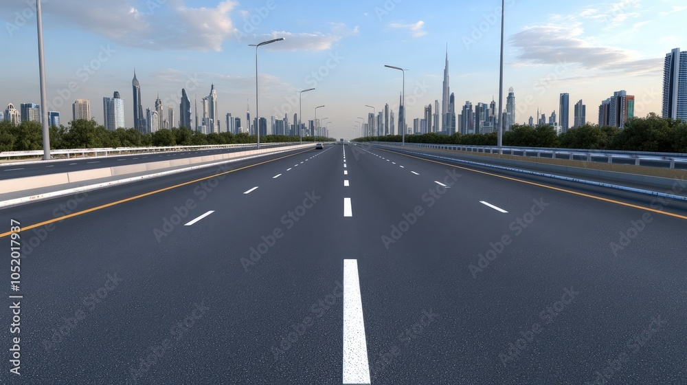 Fototapeta premium A deserted highway stretches towards the Dubai skyline during sunset, perfect for highlighting a car advertising concept