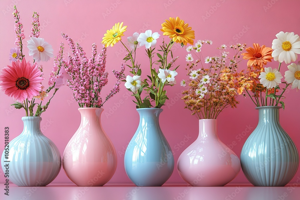 Five vases with a vibrant variety of flowers against a pink background. Five vases with a vibrant variety of flowers against a pink background.