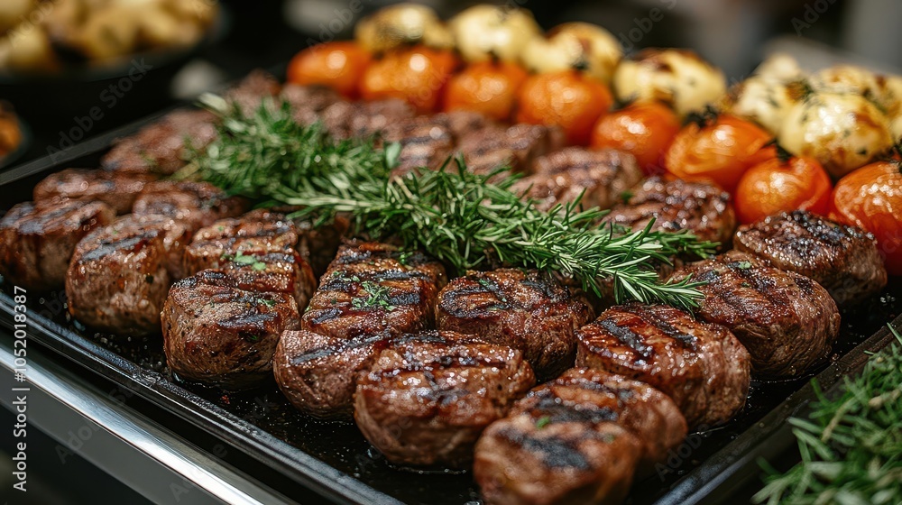 catering buffet filled with a variety of beautifully arranged grilled meats, set in an elegant indoor restaurant environment, showcasing culinary delights ready to be served catering buffet filled with a variety of beautifully arranged grilled meats, set in an elegant indoor restaurant environment, showcasing culinary delights ready to be served
