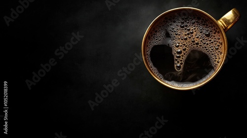 black coffee cup and beans on a brown background