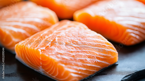 Fresh Salmon Fillets Close-Up: Close-up of neatly arranged raw salmon fillets with visible marbling, showcasing freshness and quality. photo