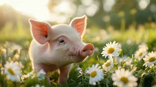 Curious pig explores a vibrant green field in the countryside captivating scene of farm life and nature's beauty