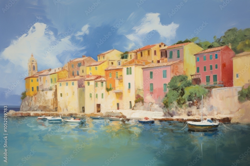 Obraz premium Italian coastal town painting waterfront vehicle.