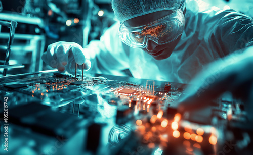 Engineer Working on Circuit Board in Lab: A focused engineer works on a circuit board with precision, surrounded by high-tech equipment in a lab setting.
 photo