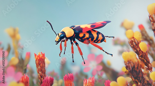 An Exciting Action Shot of a Harlequin Flower Beetle Leaping Between Flowers in a Colorful Blooming Spring Meadow photo