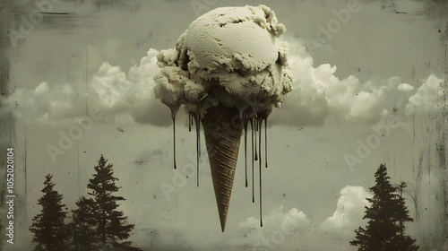 A melting ice cream cone shaped cloud hangs in a vintage sky. photo