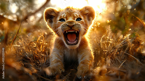 Cute Lion Cub Roaring in Grass - Realistic Image