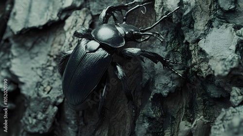 Dramatic Scene of the Fiddler Beetle (Eupoecila australasiae) on a Tree Trunk, Highlighting the Contrast Between Its Smooth Body and the Rough Bark Texture photo