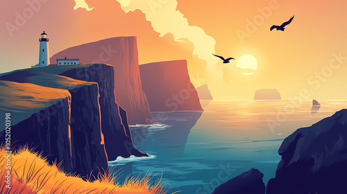 Panoramic view of lighthouse and cliffs at sunset on kalsoy, faroe islands. Sunset Cliffs. Illustration photo