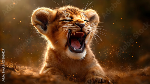 Cute Lion Cub Roaring in th...