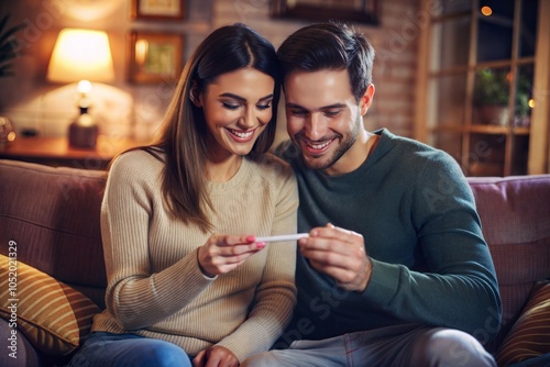 Happy Couple Celebrating Positive Pregnancy Test - Family and Parenthood Concept