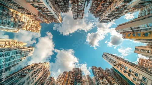 Stunning aerial view of Hong Kong cityscape under blue skies. AI generated illustration