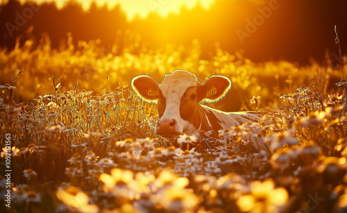 Cow in Field of Flowers at Sunset: A cow lying in a beautiful field of daisies at sunset, capturing a peaceful rural scene. photo