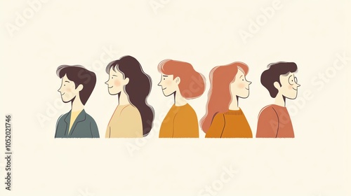 Illustration of five diverse characters in profile view, showcasing different hairstyles and expressions. photo