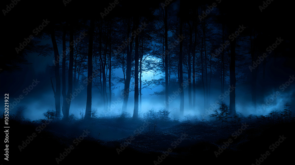 Fototapeta premium Dark Forest with Moon and Fog - Illustration