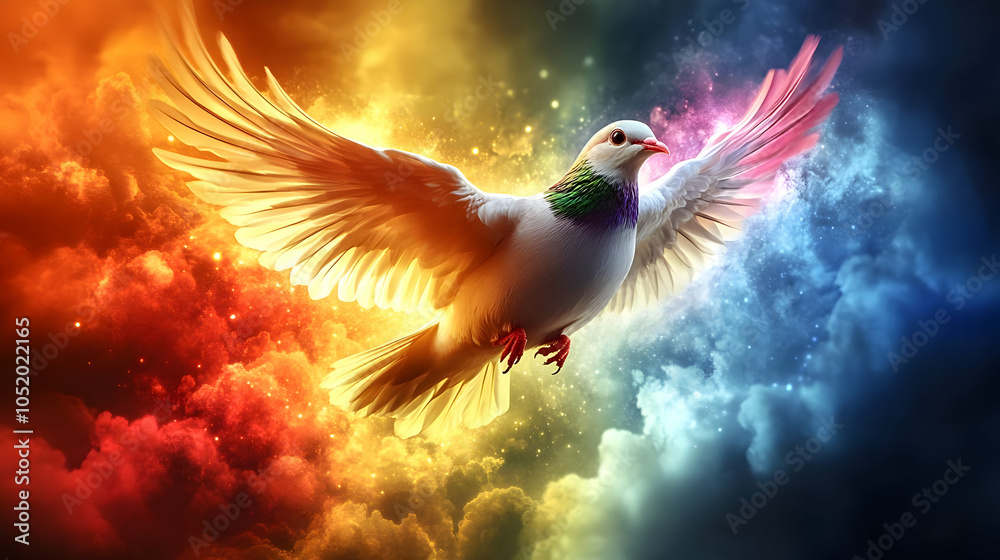 Fototapeta premium Dove Flying Through Colorful Clouds Illustration